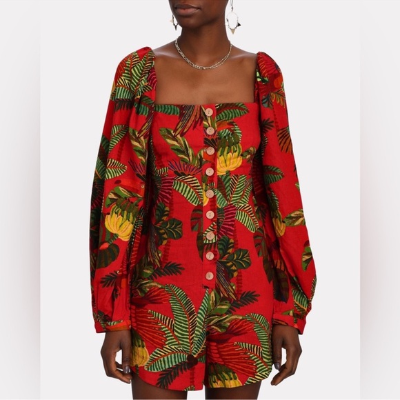 Farm Rio Red Forest Birds Fruit Romper XS Resortwear Linen Rayon Blend MSRP $200 - Picture 2 of 13